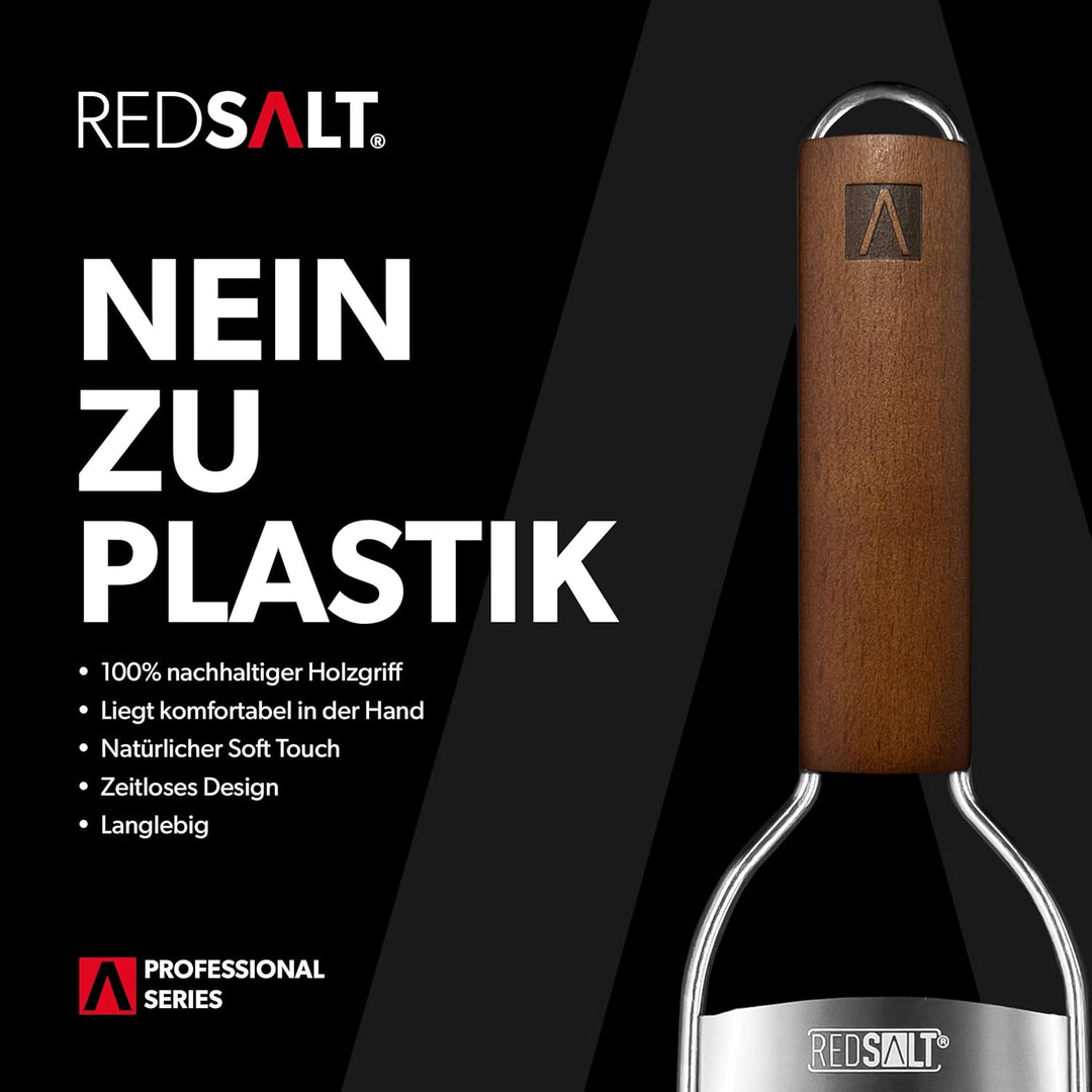 REDSALT® Premium 2-Wege Reibe mit Holzgriff | rasiermesserscharfe Profi Edelstahl Reibe für feine Ge