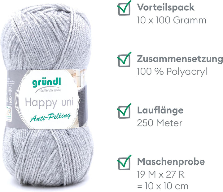 Gründl Happy uni (Strick- und Häkelgarn mit wollartigem Charakter aus 100 % Polyacryl, Anti-Pilling,