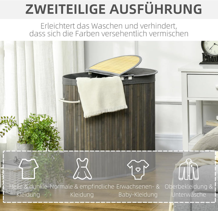 HOMCOM Bambus Wäschekorb mit Deckel 100L Wäschesammler mit Griffen, 2 herausnehmbarer Wäschesack, Wä