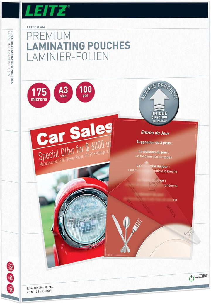Leitz Heisslaminierfolien A3 175 mic, Laminierfolien in extrastarker Premium-Qualität, 100er Pack, G