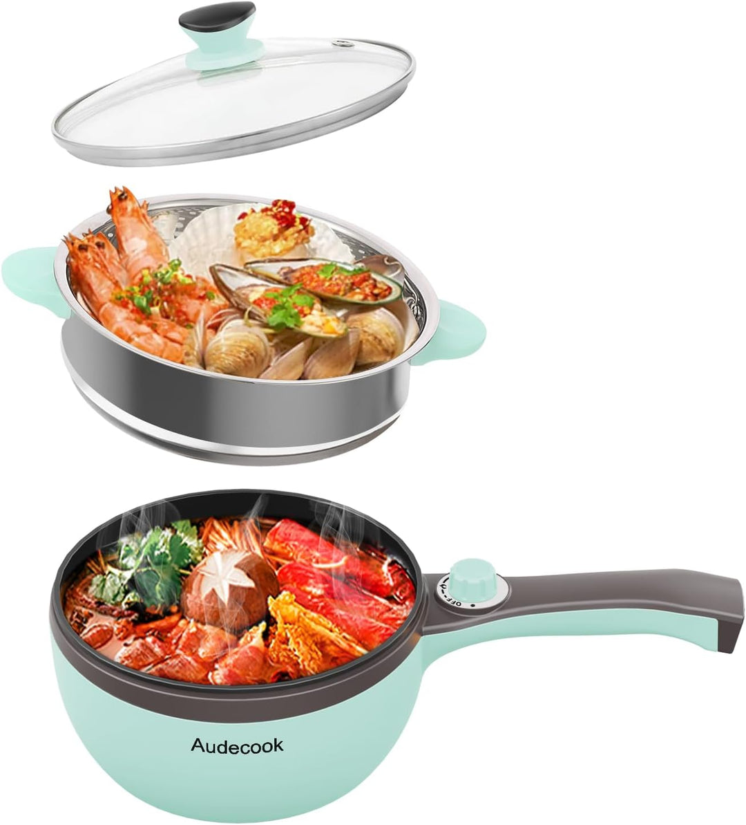 Audecook Elektrische Hot Pot mit Dampfgarer, 1,5 l Elektrische Bratpfanne, Hot Pot Topf 20cm, Antiha