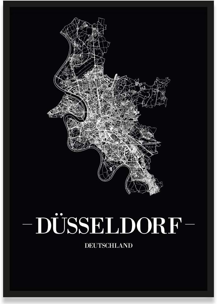 JUNIWORDS Stadtposter, Düsseldorf, Wähle eine Grösse, 21 x 30 cm, Poster mit Rahmen, Schrift A, Schw