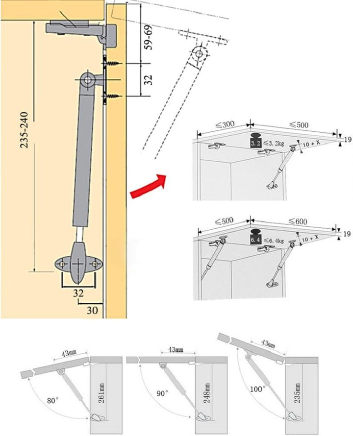 Hettich 100N Weiche Öffnung Klappenbeschlag Klappenhalter Gasdruckfeder für Klappen 49682 Gasdruckdä