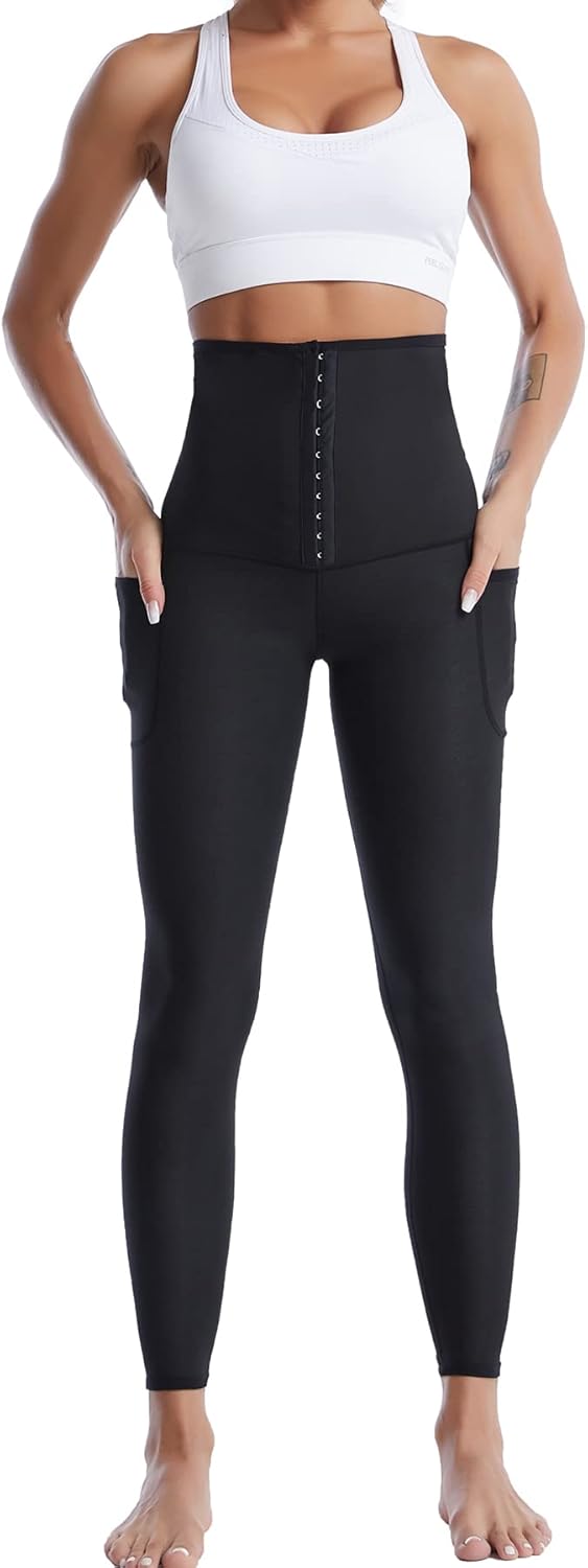 Merlvida Schwitzhose zum Abnehmen Sauna Leggings Damen High Waist Sportleggins mit Taschen Hot Therm