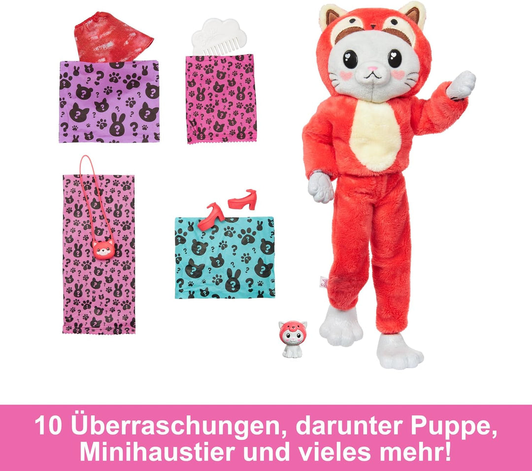 BARBIE Cutie Reveal Puppe - 10 Überraschungen, Plüschtierfreunde, Outfits und Farbwechselspass, Rote
