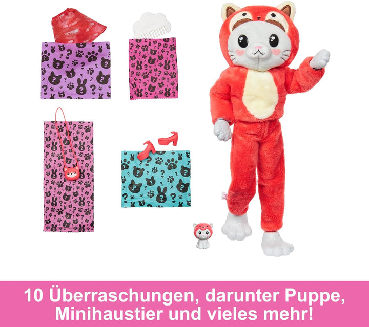 BARBIE Cutie Reveal Puppe - 10 Überraschungen, Plüschtierfreunde, Outfits und Farbwechselspass, Rote