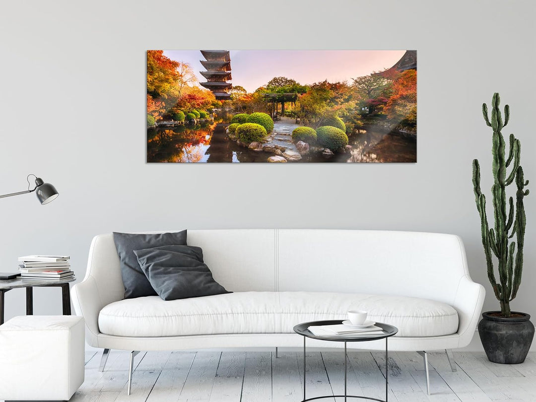 Glasbild Panorama | Wandbild aus Echtglas | See im Herbst vor japanischem Tempel | 100x40 cm | inkl.