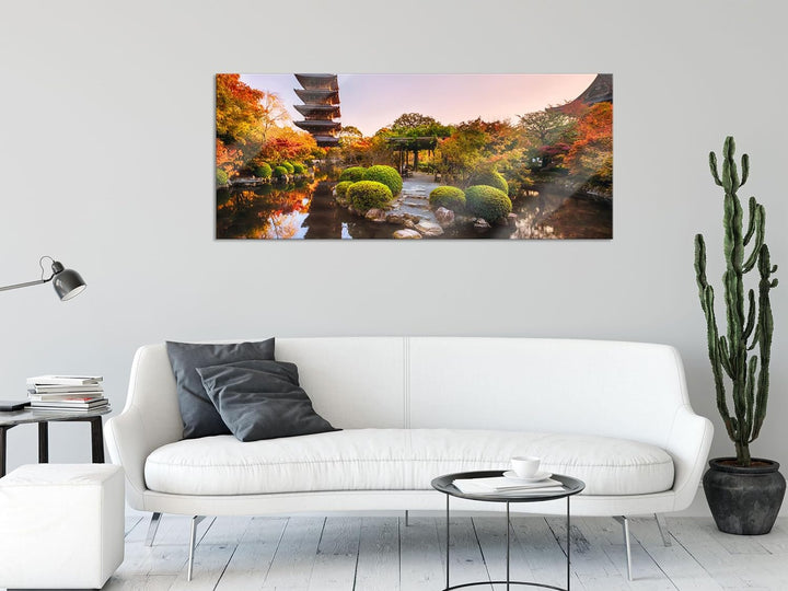Glasbild Panorama | Wandbild aus Echtglas | See im Herbst vor japanischem Tempel | 100x40 cm | inkl.