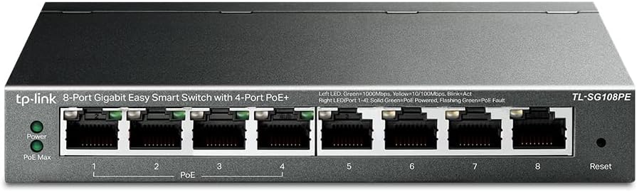 TP-Link TL-SG108PE Managed PoE Switch, 8 Port Gigabit Network Switch mit 4 PoE+ Ports (64 W, 802.3af