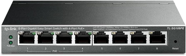 TP-Link TL-SG108PE Managed PoE Switch, 8 Port Gigabit Network Switch mit 4 PoE+ Ports (64 W, 802.3af