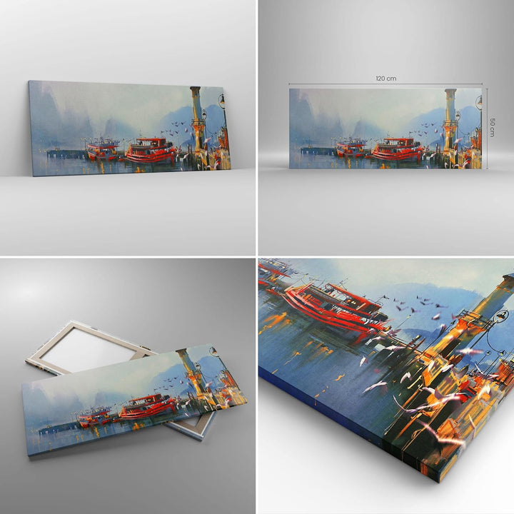 Wandbilder Dekoration Wohnzimmer Hafen Laterne Boot Panorama Bilder auf Leinwand 120x50cm Leinwandbi
