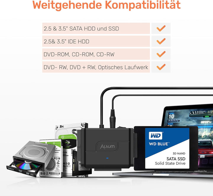 Alxum IDE und SATA Adapter, USB 3.0 Festplatten Konverter mit Netzschalter für 2.5 und 3.5 Zoll HDD