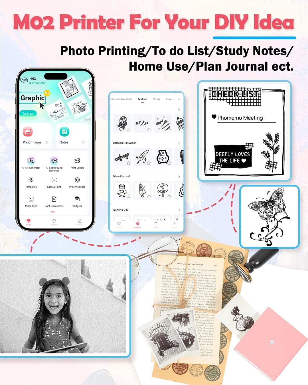 Phomemo M02 Taschendrucker Thermofotodrucker Tragbarer Mini-Bluetooth-Drucker, kompatibel mit Androi