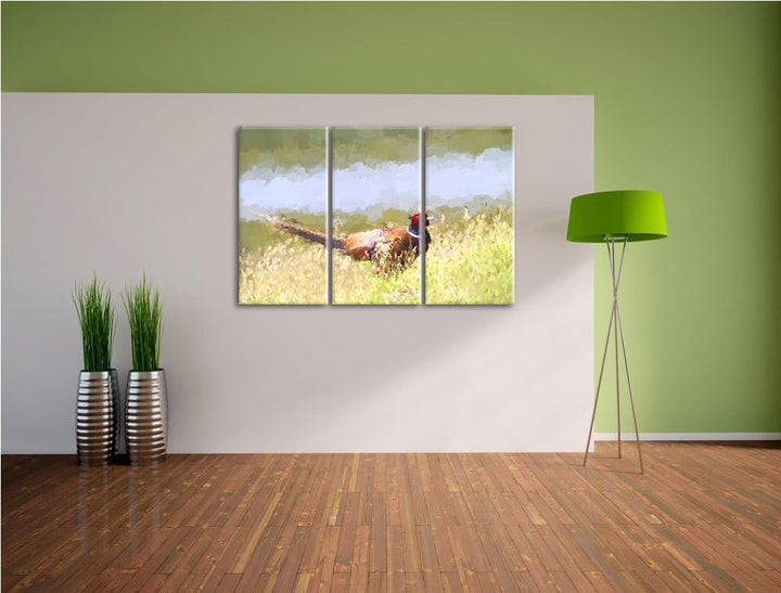 farbenprächtiger Fasan auf Frühlingswiese NewArt 3-Teiler Leinwandbild 120x80 Bild auf Leinwand, XXL