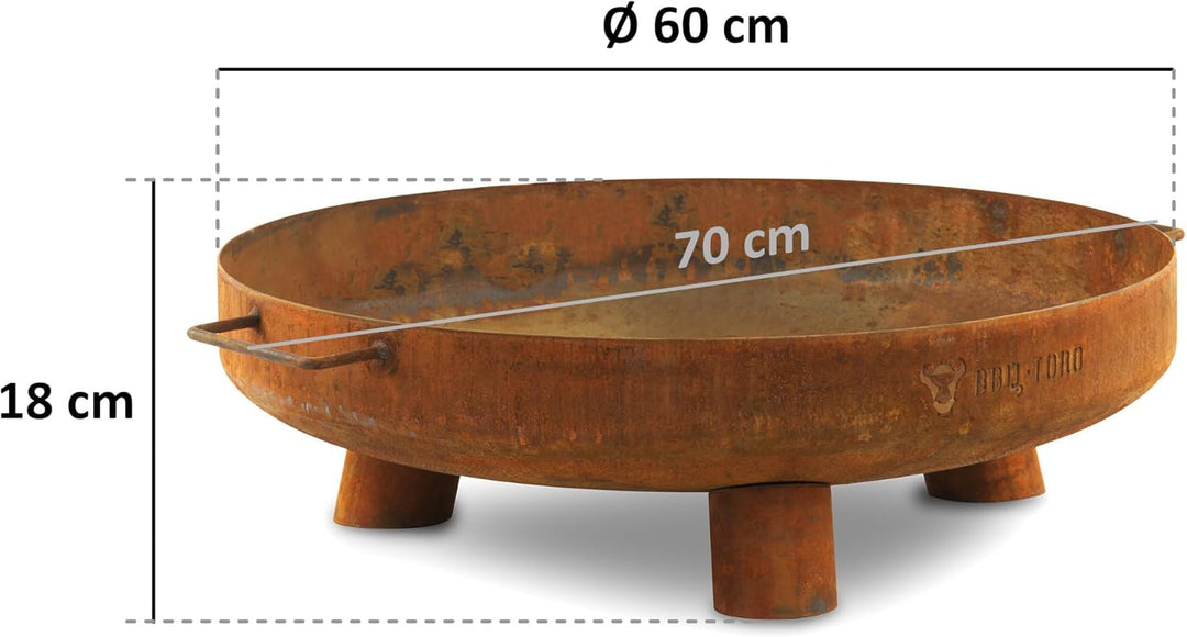 BBQ-Toro Feuerschale Ø 60 cm | Rostoptik | Outdoor Feuerstelle mit DREI Standbeinen und Zwei Griffen