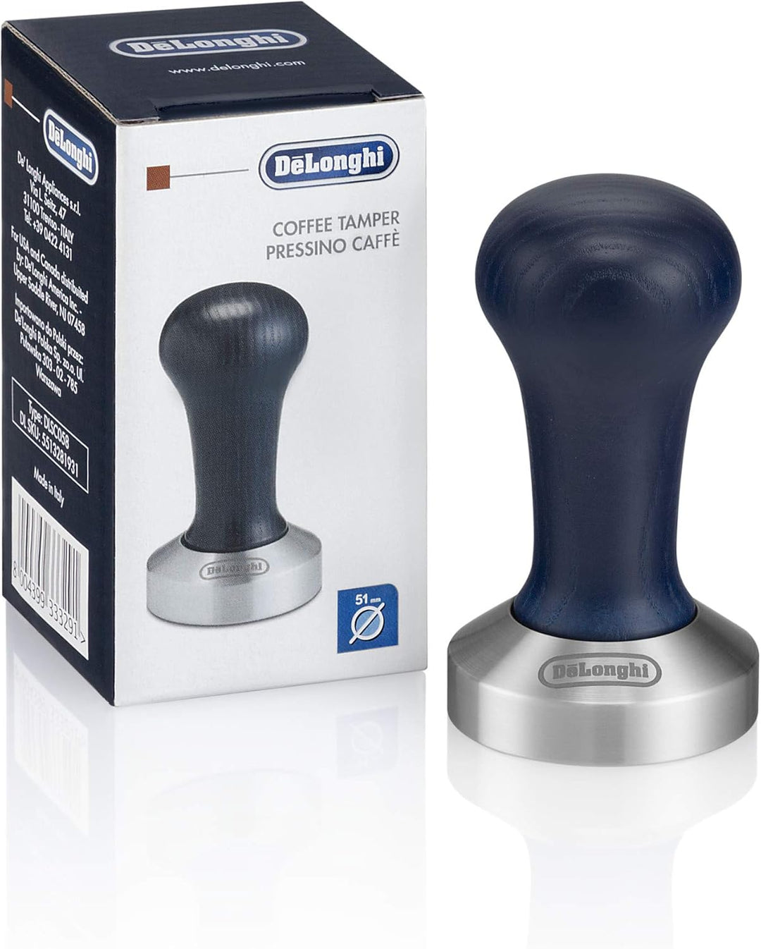 De'Longhi DLSC058 Kaffee-Tamper aus Edelstahl mit Holzgriff, blau/silber & Milchkännchen DLSC060, 35