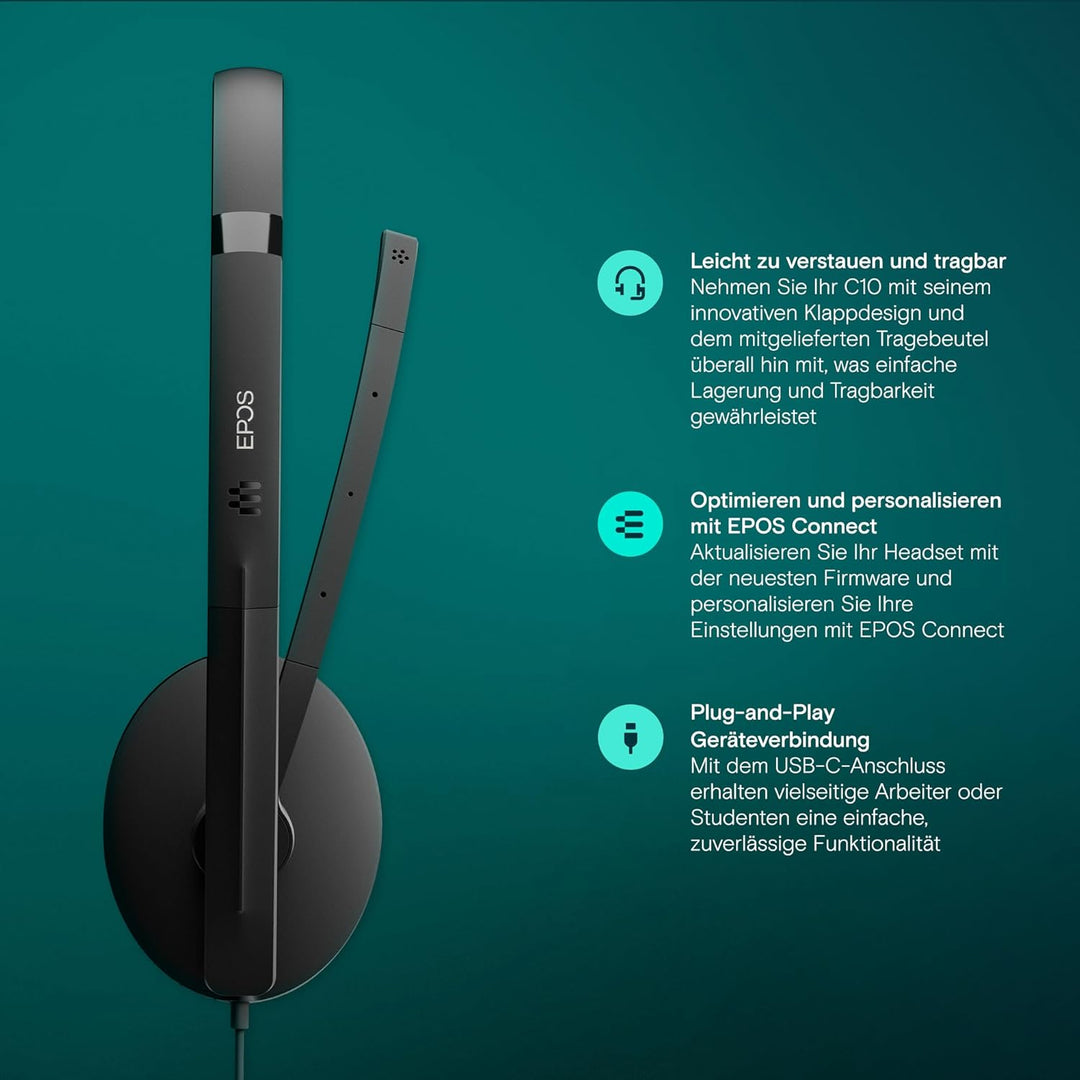 EPOS I SENNHEISER C10 USB Headset mit Mikrofon, Kabelgebundene Kopfhörer mit einfachem und flexiblem