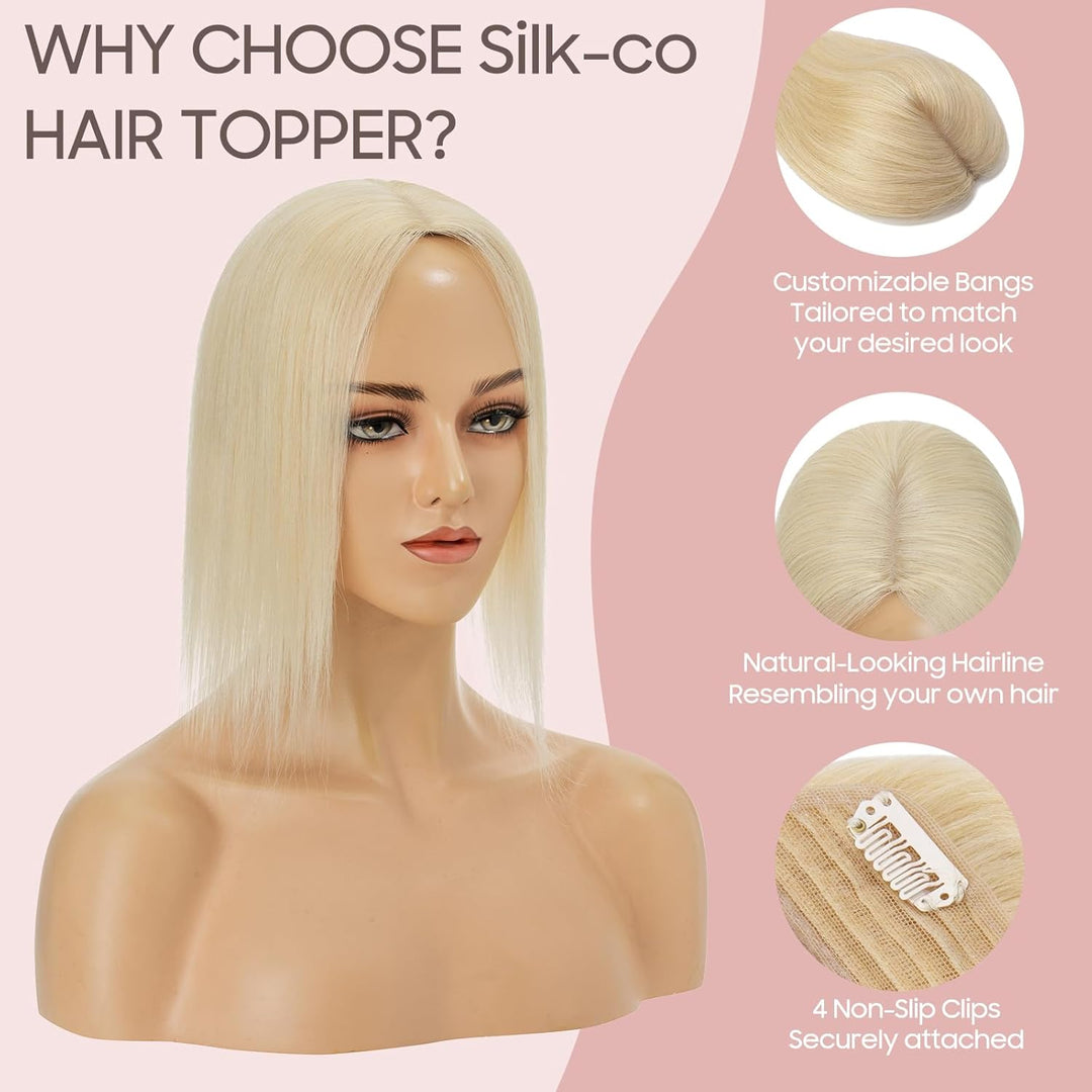 Silk-co Hair Topper Echthaar, 10x12cm Basis Toupet Damen, Haartopper Echthaar mit Remy Seide Basis,