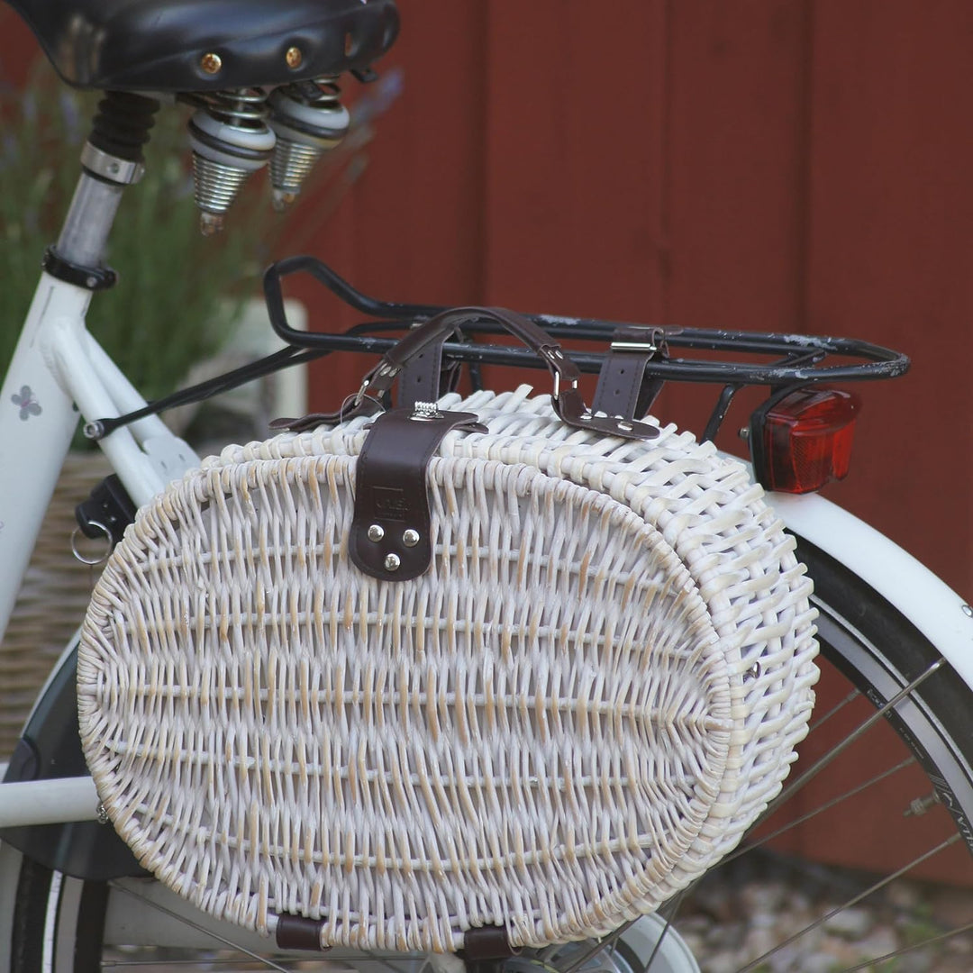 UNUS Fahrradkorb/Picknickkorb oval weiss Kühlfunktion mit passenden Besteck Porzellan 2 Personen