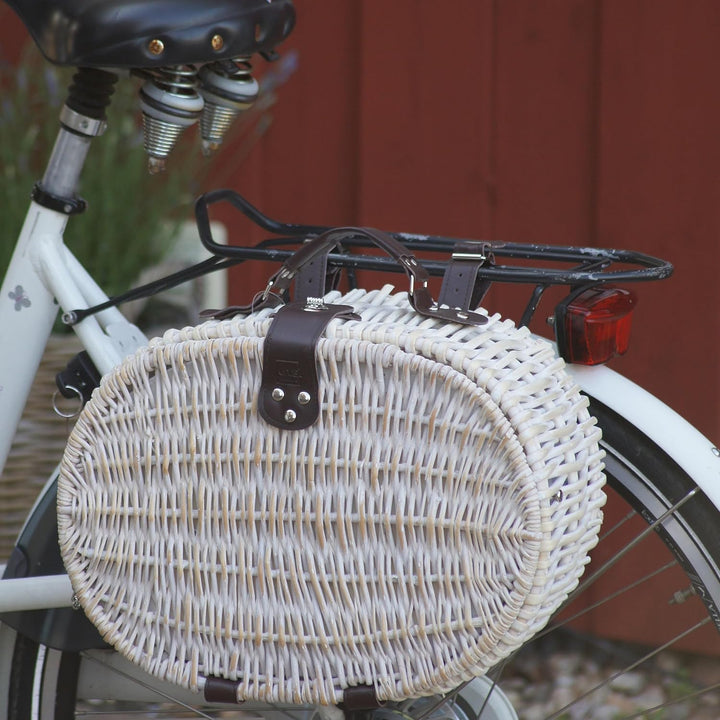 UNUS Fahrradkorb/Picknickkorb oval weiss Kühlfunktion mit passenden Besteck Porzellan 2 Personen