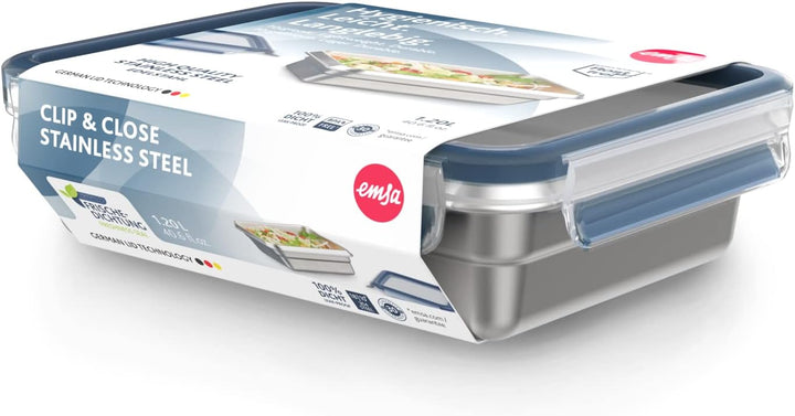 Emsa Clip & Close auslaufsichere Edelstahl-Frischhaltedose, 1,2 Liter Fassungsvermögen, rechteckig,