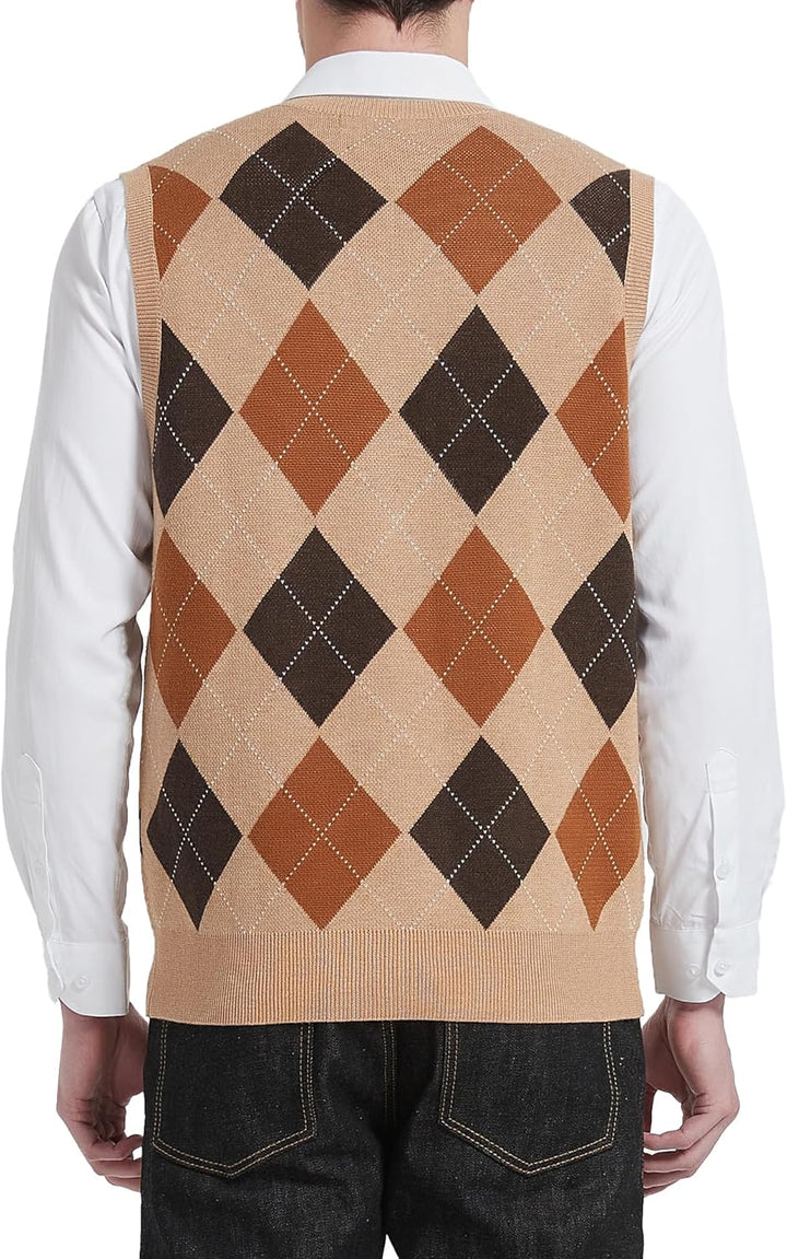 Kallspin Herren Argyle Gestrickt Ärmellos Pullover Wollmischung V-Ausschnitt Strickwesten 3XL Khaki,