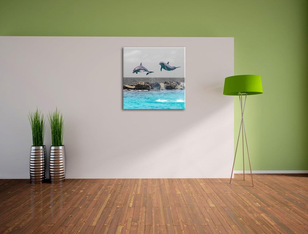 Pixxprint Zwei hoch springende Delphine als Leinwandbild Quadratisch/Grösse: 70x70 / Wandbild/Kunstd