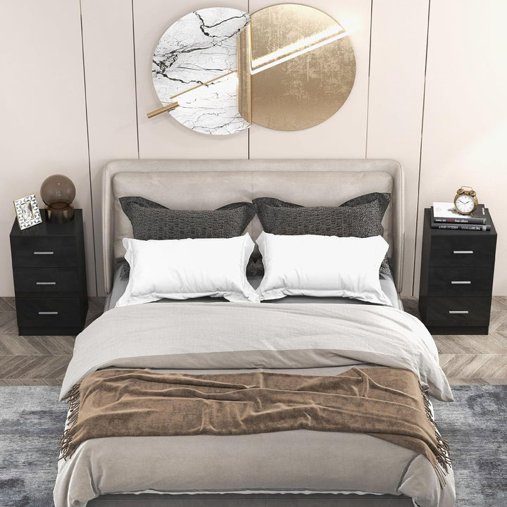 COSTWAY 2er Set Nachttisch mit 3 Schubladen, Hochglanz Nachtschrank, Nachtkommode für Boxspringbett,