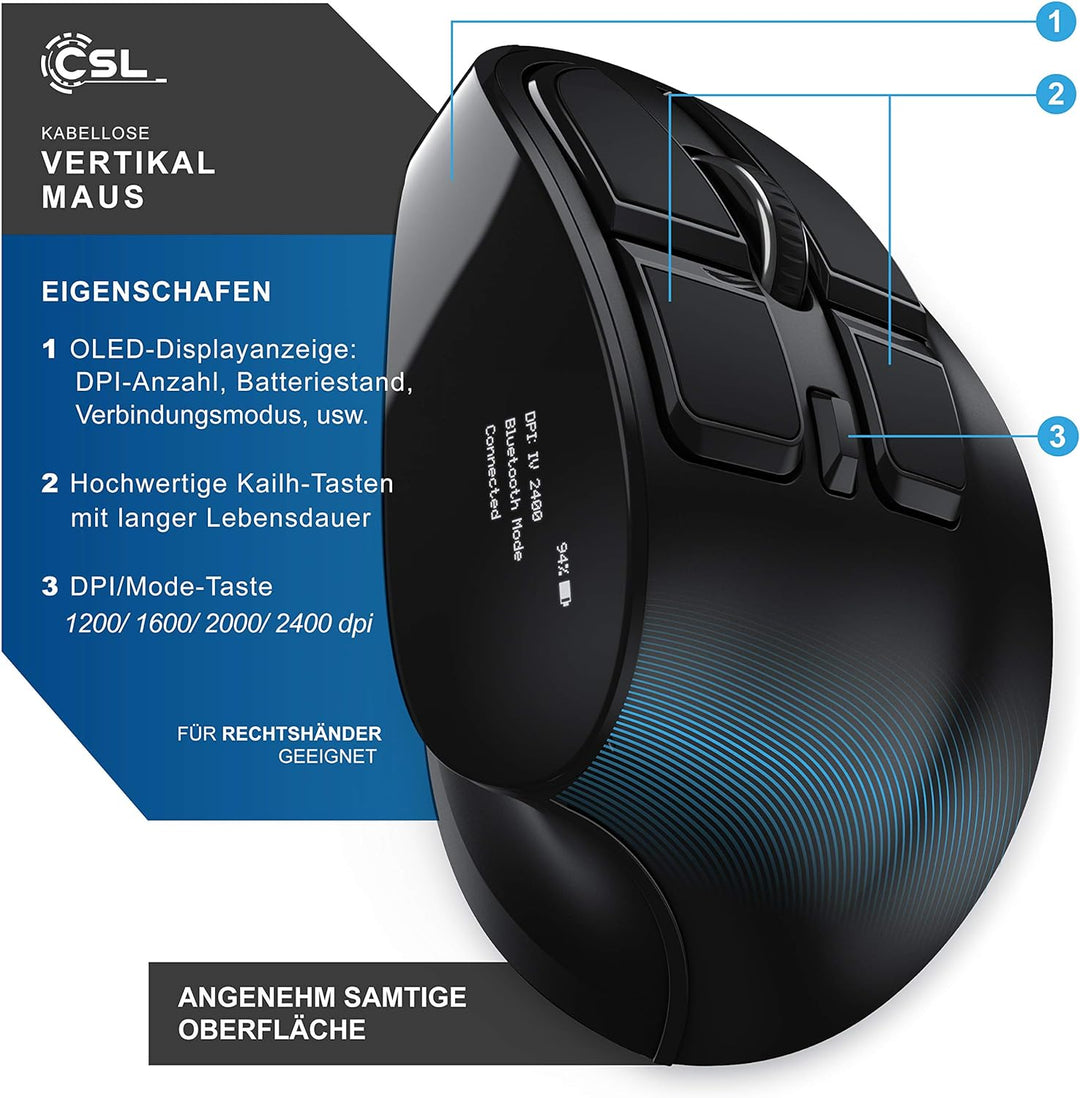 CSL - optische vertikale Maus kabellos - Wireless Mouse – Funkmaus mit OLED Display - 2,4 Ghz - gege