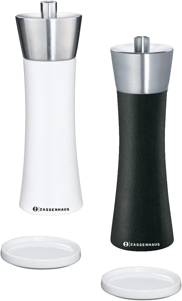 Zassenhaus Zassenhaus Augsburg Pfeffermühle und Salzmühle Set 18 cm schwarz weiss und Untersetzer au