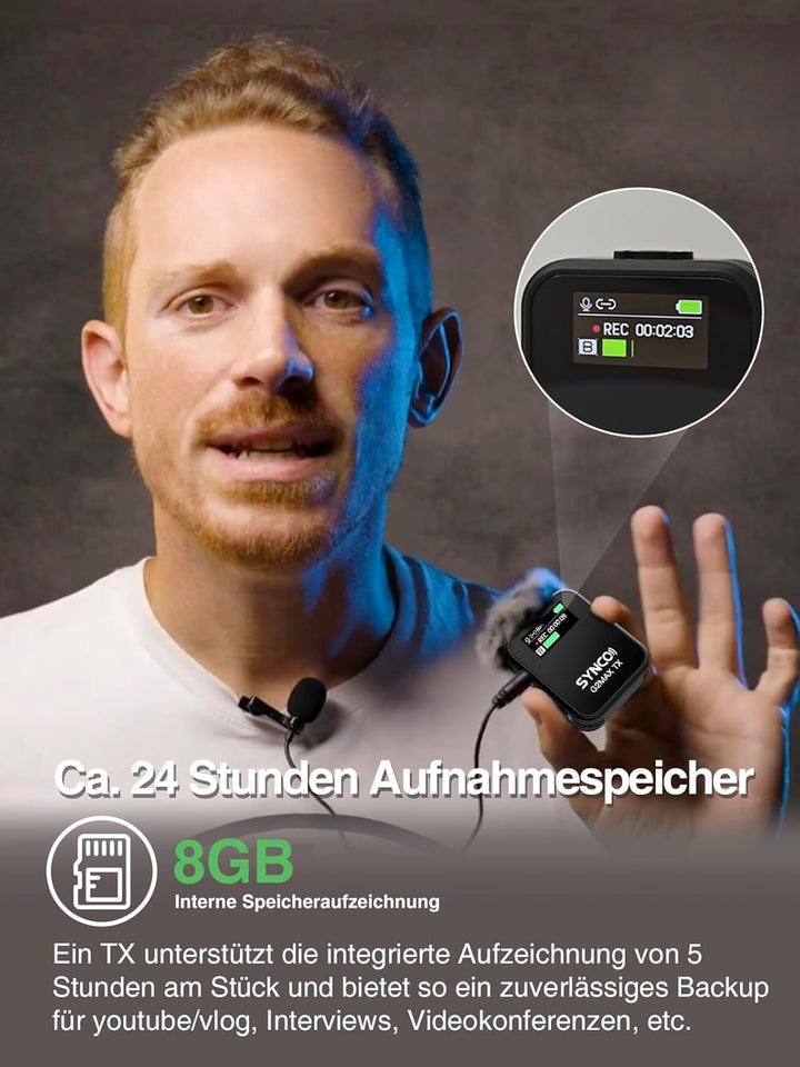 SYNCO Wireless Lavalier Mikrofon, G2(A2) MAX 2.4G Dual Transmitter 24 Stunden Aufnahme 492FT für Vlo
