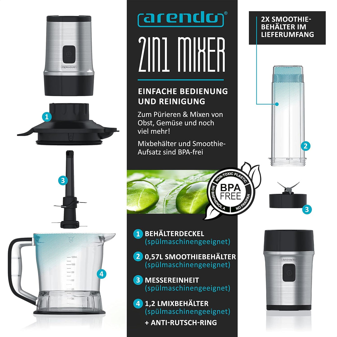 Arendo - Standmixer to Go - Zerkleinerer - Smoothie Maker Edelstahl - 1,2l Fassungsvermögen inkl. 2x