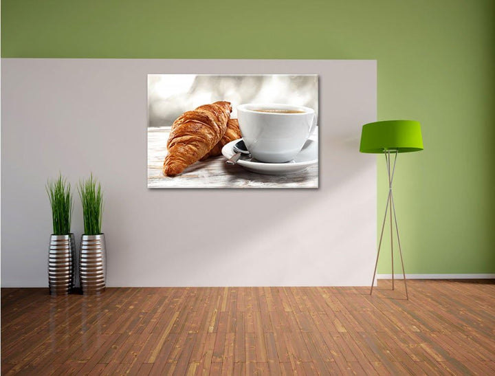 Frisches Croissant und Kaffee Format: 100x70 auf Leinwand, XXL riesige Bilder fertig gerahmt mit Kei
