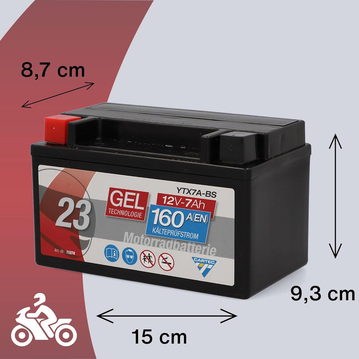 CARTEC Motorradbatterie YTX7A-BS, 6Ah, 90A, Gel Technologie Motorrad-Starter-Batterie, Erstausrüster