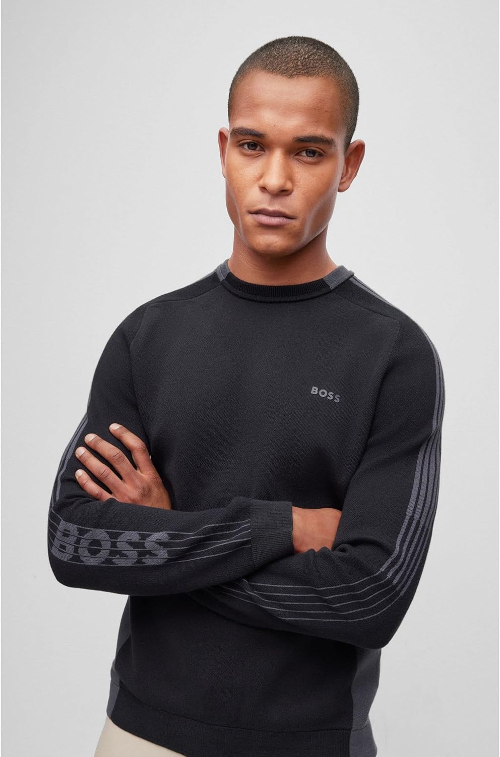 BOSS Herren Rinos Colour-Block-Pullover aus Baumwoll-Mix mit Streifen-Logo S Black1, S Black1