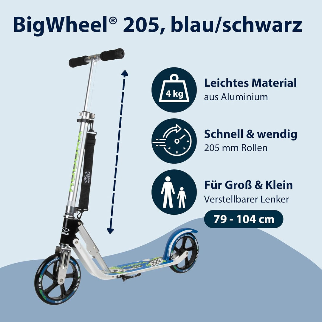 HUDORA BigWheel 205 Scooter - Stabiler Aluminium-Roller - Höhenjustierbarer & zusammenklappbarer Cit