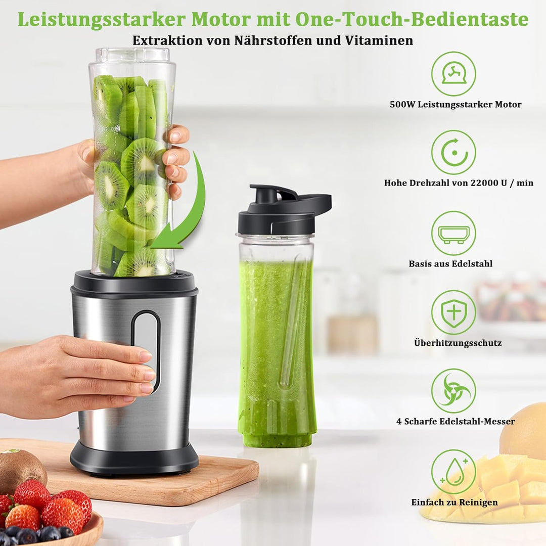Mixer, 500W Mini Standmixer & Smoothie Maker mit 2x600ml Flaschen BPA frei Tritan, Tragbarer Mixer S