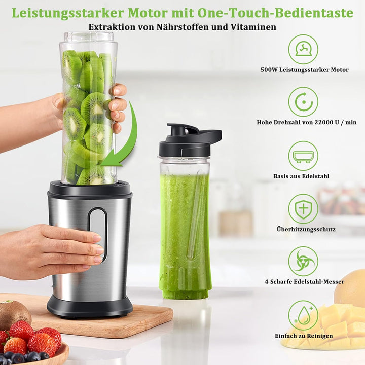 Mixer, 500W Mini Standmixer & Smoothie Maker mit 2x600ml Flaschen BPA frei Tritan, Tragbarer Mixer S