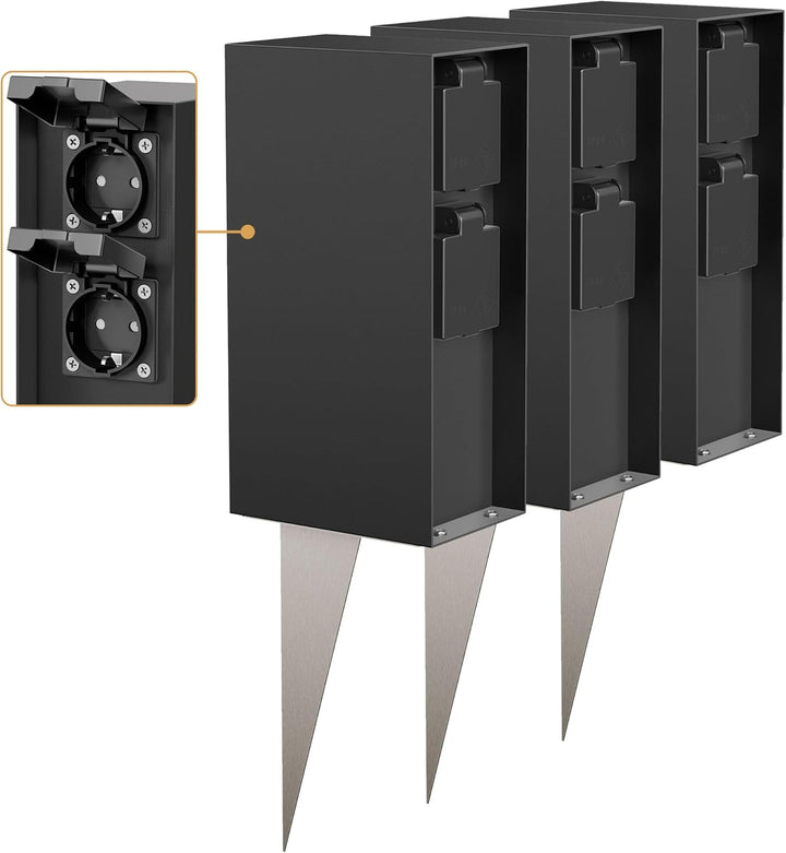 ledscom.de Aussensteckdose POMI mit Erdspiess, wetterfest, IP44, 4-fach, schwarz, eckig, 23cm, 3 Stk