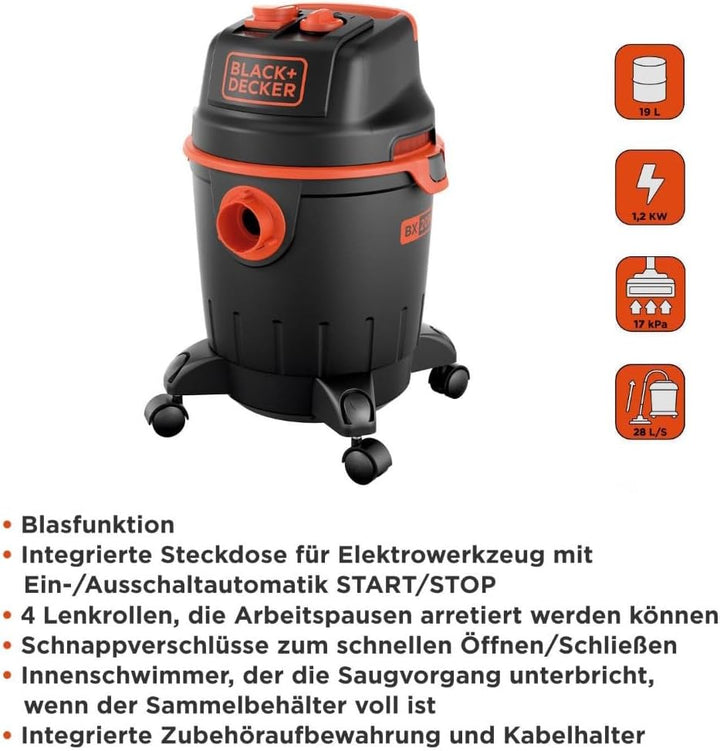 BLACK+DECKER Nass und Trockensauger BXVC20PTE mit Integrierte Steckdose für Elektrowerkzeug (1200 W,