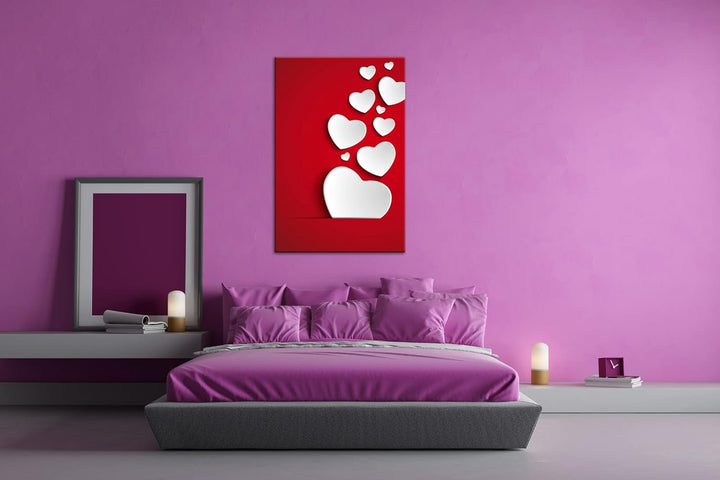 deyoli rubinrote Karte mit weissen Herzen im Format: 80x60 als Leinwandbild, Motiv fertig gerahmt au