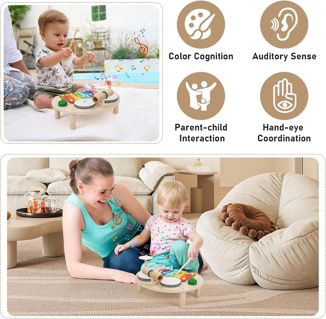 Apritsce Kinder Trommel Set, Musik Kinderspielzeug Aus Holz, Musikinstrumente Baby Set mit Xylophon,
