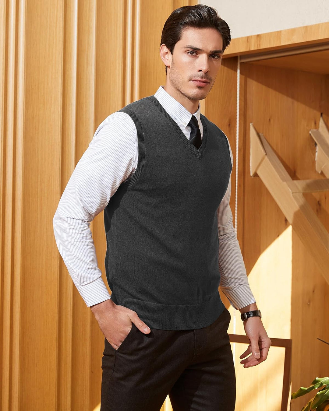 Kallspin Herren Pullunder-Strickweste aus Wollmischung V Hals Ärmellos M Grau, M Grau