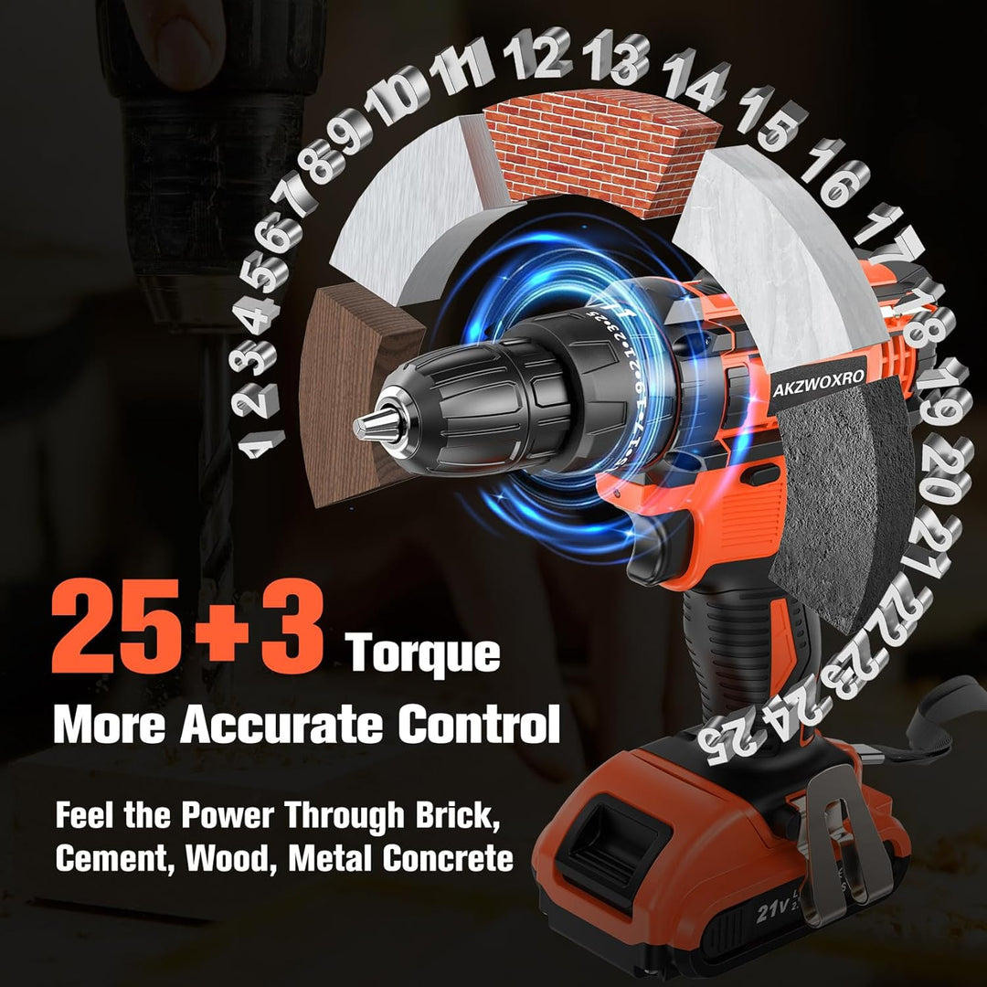AKZWOXRO Akkuschrauber 21V, Akku Bohrschrauber mit 2 Akkus 2.0Ah, 42Nm Akku Bohrmaschine, 2 Gang, 25