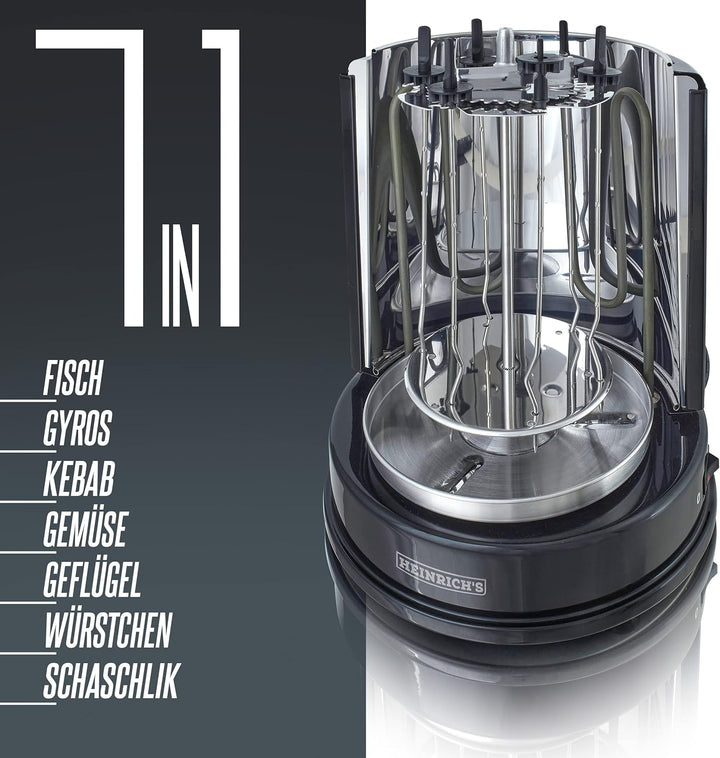 HEINRICHS Dönergrill für Zuhause, Schaschlikgrill Rotissiere Hähnchengrill Gyros Kebab, Drehspiess,