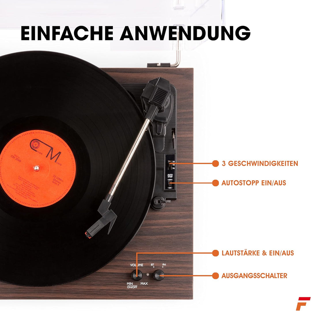 Fenton RP165D Bluetooth Plattenspieler mit Lautsprecher, Schallplattenspieler, Abdeckhaube, Auto Sto