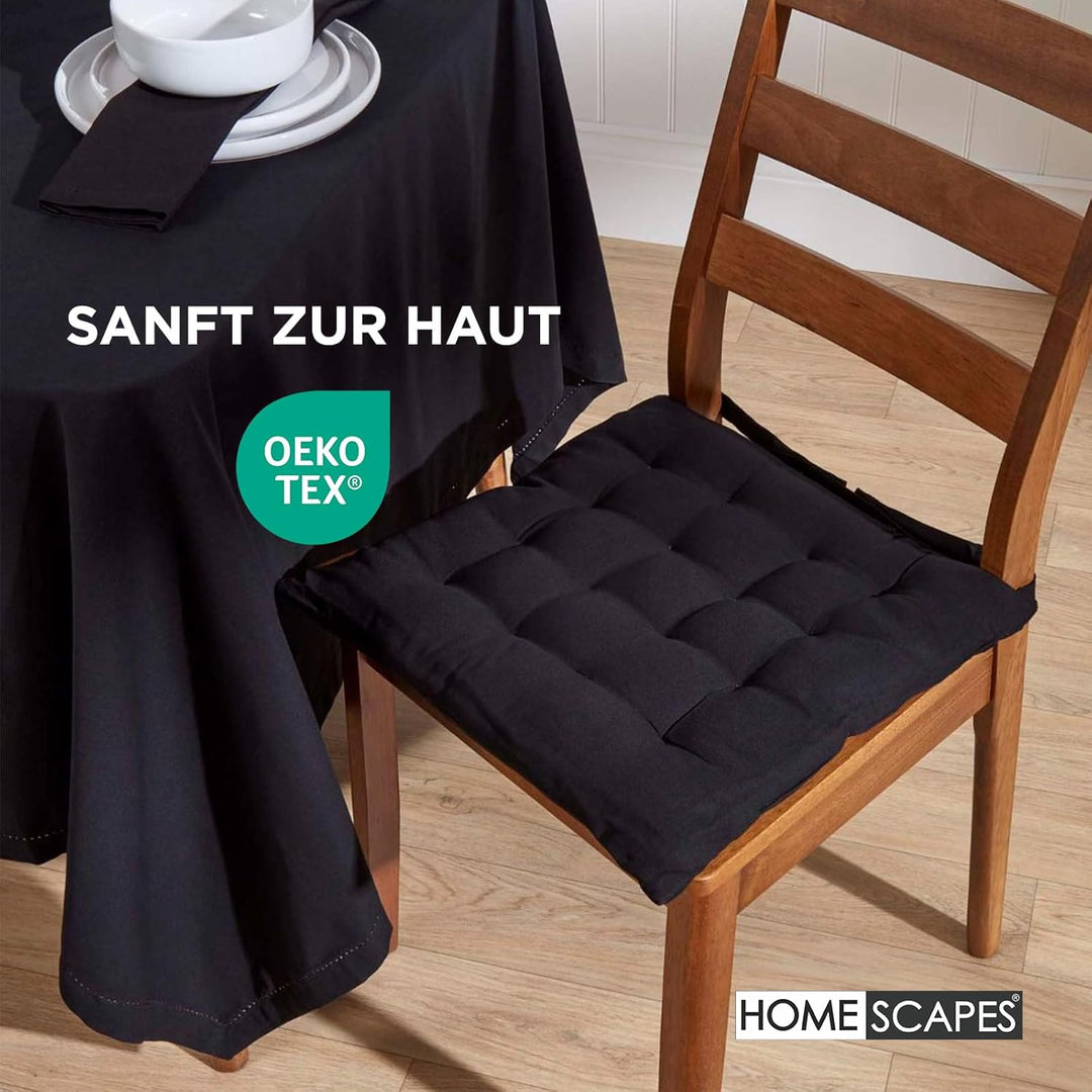 HOMESCAPES 4er Set Stuhlkissen 40 x 40 cm, schwarz, Sitzkissen mit Bändern und Knopfverschluss, einf