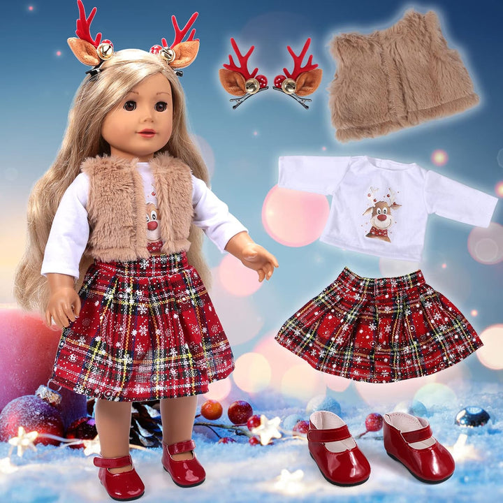 Tacobear Puppenkleidung Weihnachten Puppen Kleider Zubehör Set Puppen Hemd Rot Karierter Rock Mantel