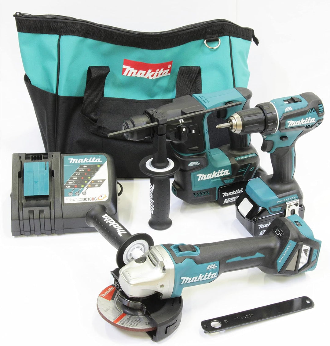 Makita DLX3179TX1 Akku-Kombo-Kit 18V (DDF485 + DHR171 + DGA511) / 5,0 Ah, 2 Akkus + Ladegerät in Tra