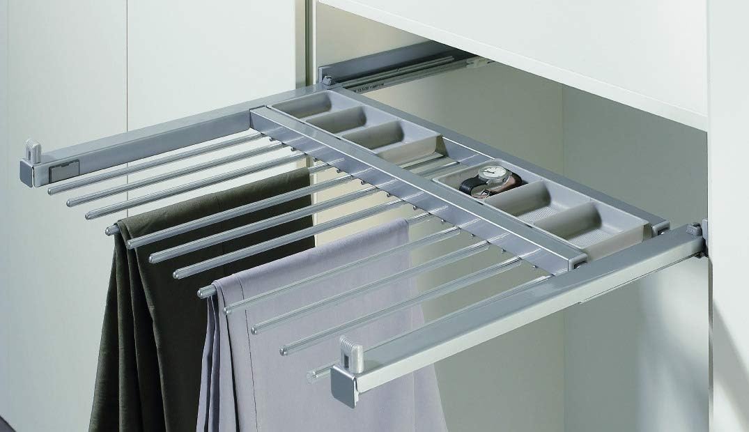 HETTICH 9132916 Silber Amari 200 Hosenhalter (Hosenträger), ausziehbare Halterung für 8 Hosen, Korpu